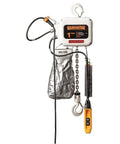 Top Shelf Eight Ton Electric Chain Hoist With Three Phase Power And Seven Point Five Feet Per Minute Lift Speed Built Tough With Mechanical Load Brake. Gray 1 ton hoist with chain and control pendant.