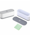 Portable Ultrasonic Jewelry Cleaner For Rings Silver Watches Retainers And Glasses Compact Countertop Machine components including the cleaner and cloth.