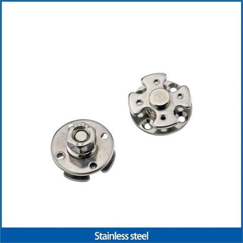 Front view of two stainless steel 360° disc-damping shaft hinge components, concealed adjustable torque