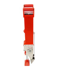 Side view of Easy To Use Manual Vegetable Seeder And Fertilizer Tool, red handheld garden planter for sowing and feeding corn and peanut seeds.