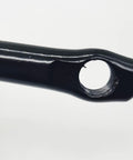 Close-up of One Piece Black Crankarm Set for Bikes, focusing on the pedal threading. Wide 165mm Crank Arms With 150mm Span.