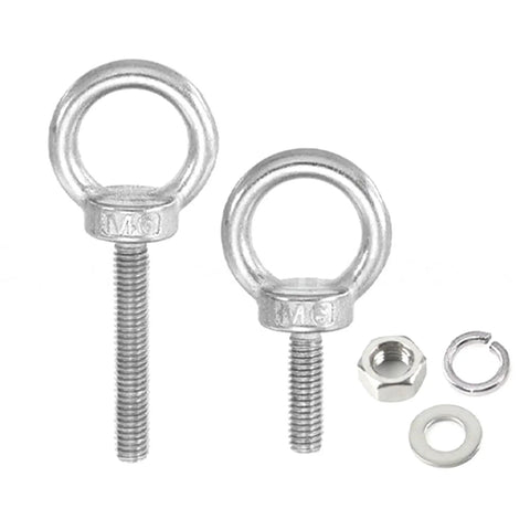 Stainless Steel Loop Bolts Set M10x30mm With Hex Nuts Flat Washers And Spring Washers Shoulder Eye Bolts For Hangin And Fastenin Long Thread 8 Piece Kit With Lock Nuts, two bolts and washers