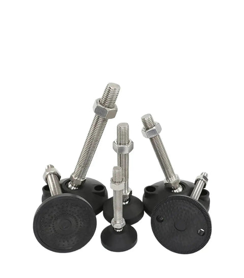 Beefy Adjustable Lathe Leveling Feet With Rock Solid Swivel Base And Articulating Legs M14 Thru M24 Threads, showcasing assorted sizes.