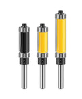 Premium 1/2 Inch Double Bearing Flush Trim Router Bit With 6mm Or 1/4 Inch Shank For Super Smooth Wood Trimming and Professional Cabinet Making Projects At A Crazy Good Price Today, showcasing three bits in varying colors.