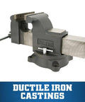 Heavy Duty Shop Bench Vise With 5 Inch Jaw Width And 5 Inch Opening, 3 Inch Throat, 360 Degree Swivel Base, Pipe Jaws, shown on table