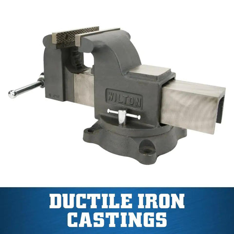 Heavy Duty Bench Vise With Eight Inch Jaw Width And Eight Inch Max Opening Rock Solid Ductile Iron frame with swivel base