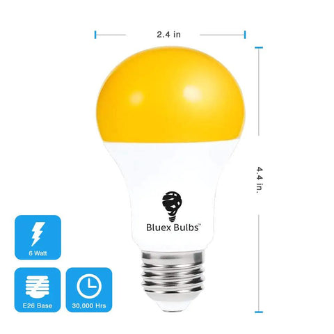 2 Pack LED Dusk To Dawn A19 Bug Light Bulbs With Automatic Sensor Yellow Amber Light For Porch Security Auto On Off 2000K E26 Base 500 Lumens No Fuss Install, single yellow bulb with measurements