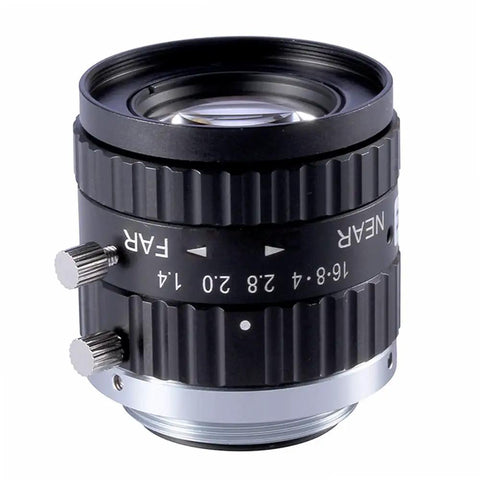 Sixteen Millimeter Focal Length Two Thirds Inch Fixed Lens for Machine Vision Cams, shown with locking focus and iris screws