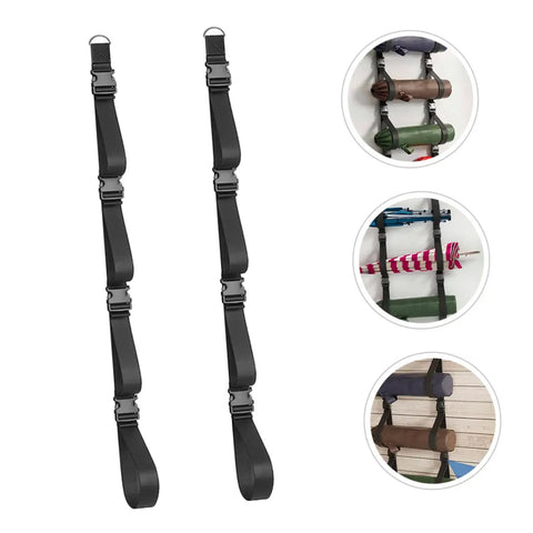 Heavy Duty Adjustable Wall Storage Straps With Badass Rugged Buckles Perfect For Camping Chairs Yoga Mats And Tents, two black straps.
