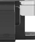 Side view of a commercial espresso machine with big water reservoir delivers fresh coffee tea and hot cocoa in about a minute fast brew for busy breakrooms and easy to use office coffee maker.
