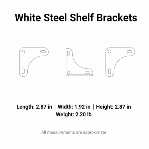 Diagram of White Steel Shelf Brackets with dimensions, part of the White Steel Shelf Brackets Set Includes Right Angle Corner Supports For Shelving, Heavy Duty L Brackets With All Hardware, Easy Quick Install, Ideal For Garage, Workshop Storage, 4 Pack, Each Bracket Measures 4.8 By 7.3 By 7.3 Inches.
