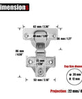 Diagram showing Black Cabinet Door Hinges 1/2 Inch Partial Overlay For Face Frame Cabinets With Door Bumper dimensions.