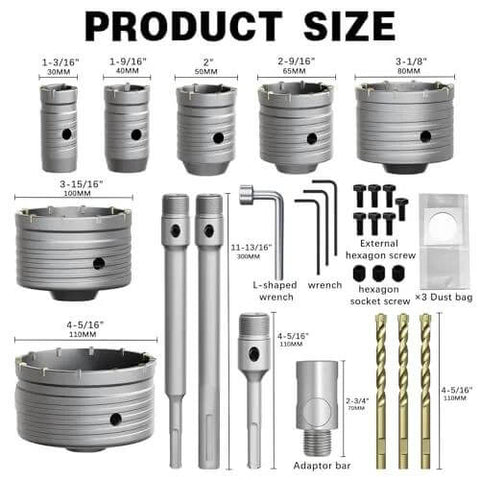 METOTY 22-piece concrete hole saw kit with alloy steel saws 30–110 mm for stone/brick/cement drilling; includes arbors.