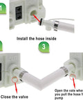 Installation steps for High Flow Bottled Water Dispenser Pump System For 5 Gallon Jugs, showing hose connection and valve operation