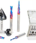 Eight Piece Heavy Duty Cnc Router Bit Set With Badass Micro Thin Ceramic Coating For Insanely Clean Cuts And Rock Solid Grip Perfect For Shop Projects Includes Quarter Inch Shank In Stackable Case, displayed in organized case.