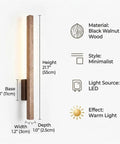 Linear Wall Sconce Wood Grain Strip Wall Light Slim Vertical Lamp Modern Minimalist Fixture dimensions with warm lighting effect