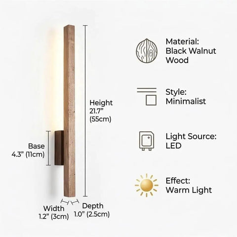 Linear Wall Sconce Wood Grain Strip Wall Light Slim Vertical Lamp Modern Minimalist Fixture dimensions with warm lighting effect