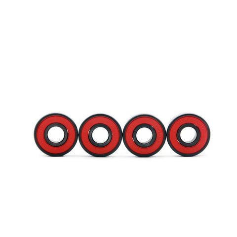 Set of four red-sealed 608RS bearings with black outer ring and silver inner bore.