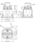 YB150D 24V 150A DC Pump Contactor For Hydraulic Systems And Electric Forklifts dimensional drawing with measurements and specifications.