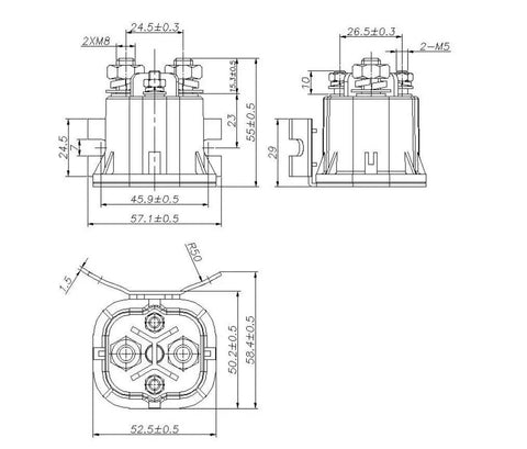YB150D 24V 150A DC Pump Contactor For Hydraulic Systems And Electric Forklifts dimensional drawing with measurements and specifications.