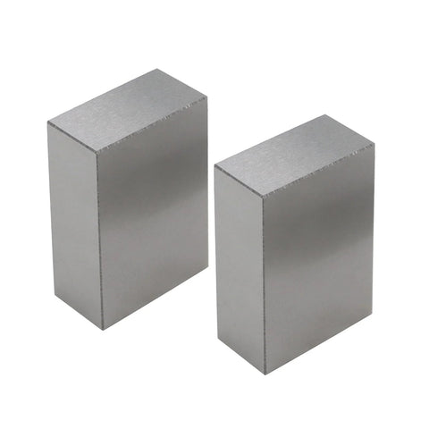 Front view of two steel no-hole machinist setup blocks; matched 1-2-3/2-4-6 sizes, brushed finish.