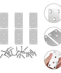Image of Six Pack Stainless Steel Flat Mending Plates For Furniture Repair And Corner Joining with screws for easy installation.