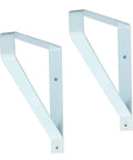 Heavy Duty Metal Shelf Brackets, Super Sturdy Industrial Floating Shelf Supports With Screws, Top Notch White Wall Mount Hardware For Diy Open Storage Shelves, 30 Inch Rock Solid Design, white iron brackets close up.