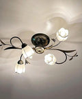 Farmhouse Wrought Iron 4 Light Chandelier in Bronze Finish, Rustic Flower Style Ceiling Fixture with Frosted Glass Shade