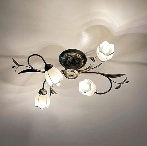 Farmhouse Wrought Iron 4 Light Chandelier in Bronze Finish, Rustic Flower Style Ceiling Fixture with Frosted Glass Shade