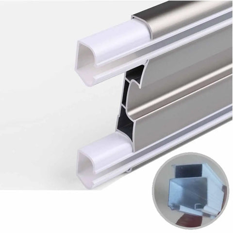 Close-up of Rock Solid Heavy Duty Double Rail Sliding Barn Door Hardware Kit aluminum ceiling track system components.