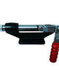 Superb Push Pull Quick Clamp For Shop Tooling And Test Stands Toggle action clamp with red handle, heavy-duty design for secure material holding.