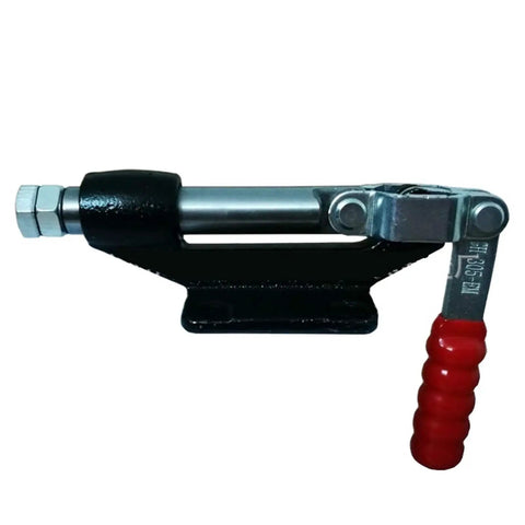 Superb Push Pull Quick Clamp For Shop Tooling And Test Stands Toggle action clamp with red handle, heavy-duty design for secure material holding.