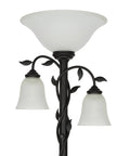 Traditional Torchiere Floor Lamp With Two Reading Lights, 72 Inches Tall, Oil Rubbed Bronze Finish, Rustic Leaf Accents And Frosted Glass Shades