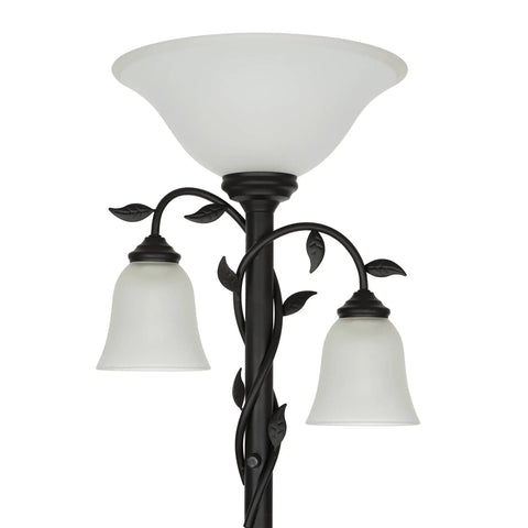 Traditional Torchiere Floor Lamp With Two Reading Lights, 72 Inches Tall, Oil Rubbed Bronze Finish, Rustic Leaf Accents And Frosted Glass Shades