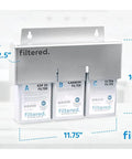 Universal Inline Water Filter For Refrigerators And Ice Makers Featuring A No Sweat Five Minute Setup With Top Shelf High Capacity Filtration For Crisp Fresh Water And Clean Ice Guaranteed Every Time, with three filter stages displayed.