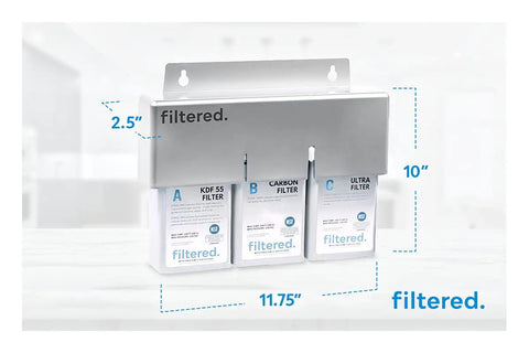 Universal Inline Water Filter For Refrigerators And Ice Makers Featuring A No Sweat Five Minute Setup With Top Shelf High Capacity Filtration For Crisp Fresh Water And Clean Ice Guaranteed Every Time, with three filter stages displayed.