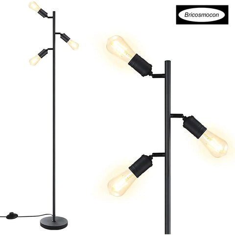 Industrial Floor Lamp With Three Adjustable Rotating Arms, Tree Style Standing Light For Living Room, Bedroom, Home Or Office, Go-To E26 Edison Bulb Compatible, Black Finish viewed at an angle