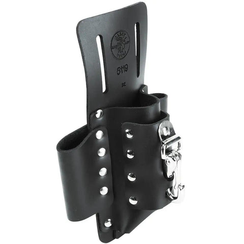 Leather Tool Pouch With Four Pockets And Knife Holder, Riveted Belt Mount Multi Tool Carrier For Electricians, front view