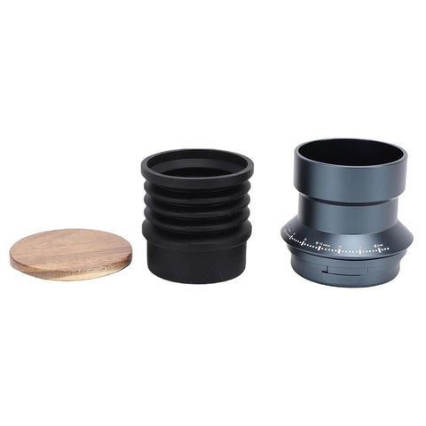 Solid Manual Single Dose Coffee Grinder Featuring Smooth Burr Mechanism And Silicone Bellow Blower For Hassle Free Cleanup Walnut Wood Lid Aluminum Frame, parts displayed
