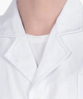 Close-up of collar on Unisex Professional Lab Coat for Men and Women, Button Front Long Medical Coat for Science, Doc, Nurse, or Student, White