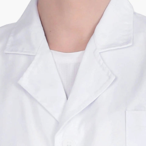 Close-up of collar on Unisex Professional Lab Coat for Men and Women, Button Front Long Medical Coat for Science, Doc, Nurse, or Student, White