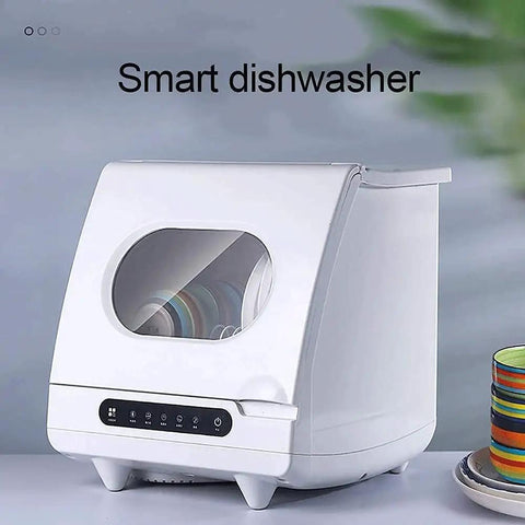 Slick Countertop Dishwasher With Stainless Steel Tub And Six Place Settings Rack Portable Kitchen Fix Featuring No Sweat Setup Delay Button And Killer Scrubbing Power For Dorms And Tight Apartments, white model displaying plates inside.