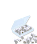 Front view of 30-pack white ceramic wire nuts in an open light-blue plastic case