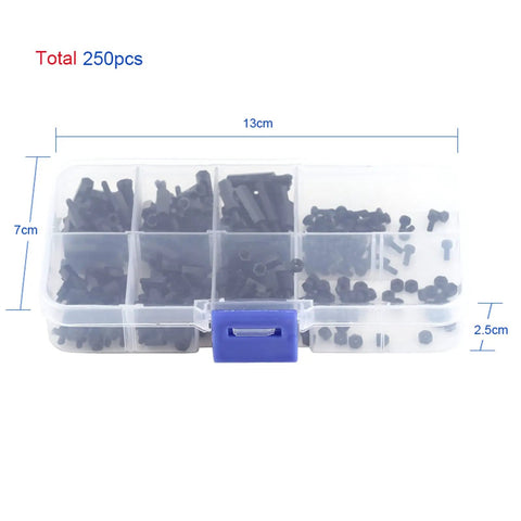 Hella Durable Nylon PA66 Hex Standoff Assortment Kit With 250 Pieces Of M2 And M3 Male Female Spacer Screws And Nuts in a clear box
