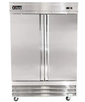 Rock Solid All Stainless Steel Two Door Reach In Commercial Freezer, 49 Cu Ft Capacity with smooth rolling casters.