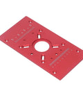 Built Tough Aluminum Router Table Insert Plate, red anodized surface with measurement markings, designed for precision woodworking cuts.