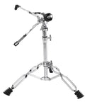 Gig Ready Adjustable Double Layer Cymbal Stand Road Tested Heavy Duty Iron Drum Rack Snap Setup for Snare Bongos and Percussion Foldable Tour Hardened Base Silver with black rubber feet.