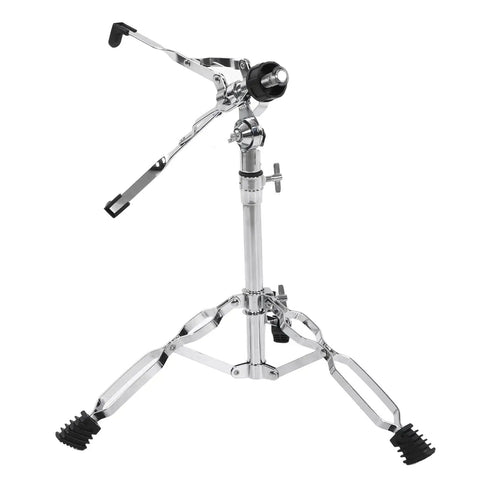 Gig Ready Adjustable Double Layer Cymbal Stand Road Tested Heavy Duty Iron Drum Rack Snap Setup for Snare Bongos and Percussion Foldable Tour Hardened Base Silver with black rubber feet.