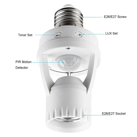 Smart Motion Sensor Light Socket Screw In Bulb Adapter For E26 E27 Outlets Auto On Off When Motion Detected No Fuss Install Perfect For Garage Storage Rooms Hallways Basements 4 Pack, white plastic, front view