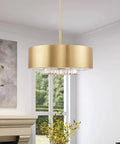 Gorgeous Six Light Pendant Featuring Brushed Nickel Drum Shade And Clear Faceted K9 Crystals illuminating a living room.
